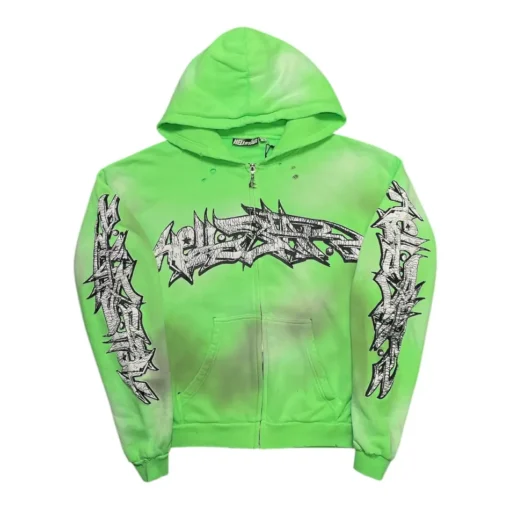 Graffiti Zip Up Hooded Sweatshirt Green